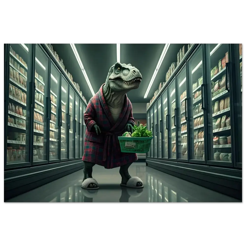 Dinosaur in robe shopping for groceries at night on futuristic metal art print