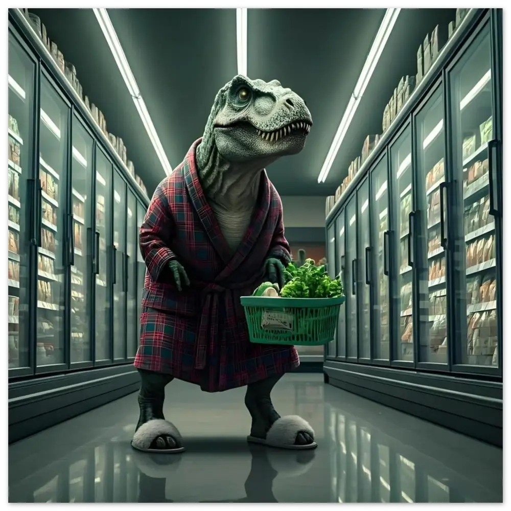 Dinosaur in robe and slippers with grocery basket for Late-Night Grocery Rex aluminum print