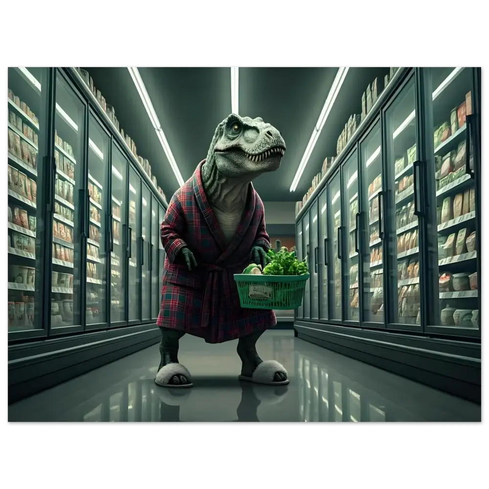Dinosaur in robe holding groceries for the Late-Night Grocery Rex Poster wall art