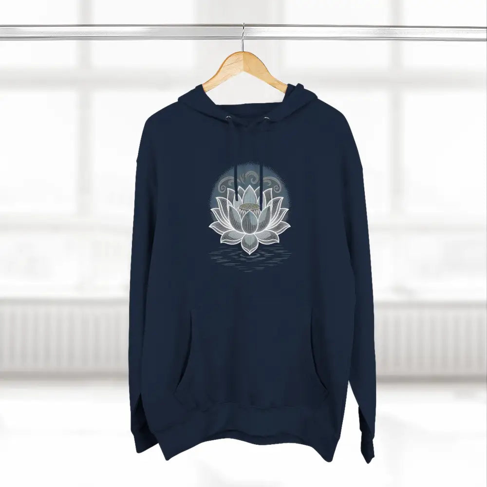Navy blue Lotus Blossom fleece hoodie with white lotus design, spacious kangaroo pocket, and twill tape neck