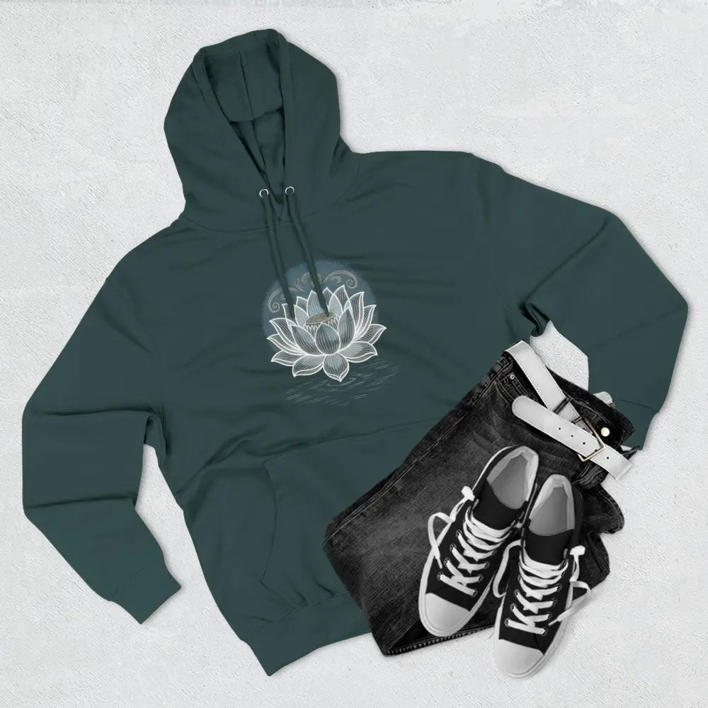 Dark green Lotus Blossom Fleece Unisex Hoodie with white lotus flower, spacious kangaroo pocket