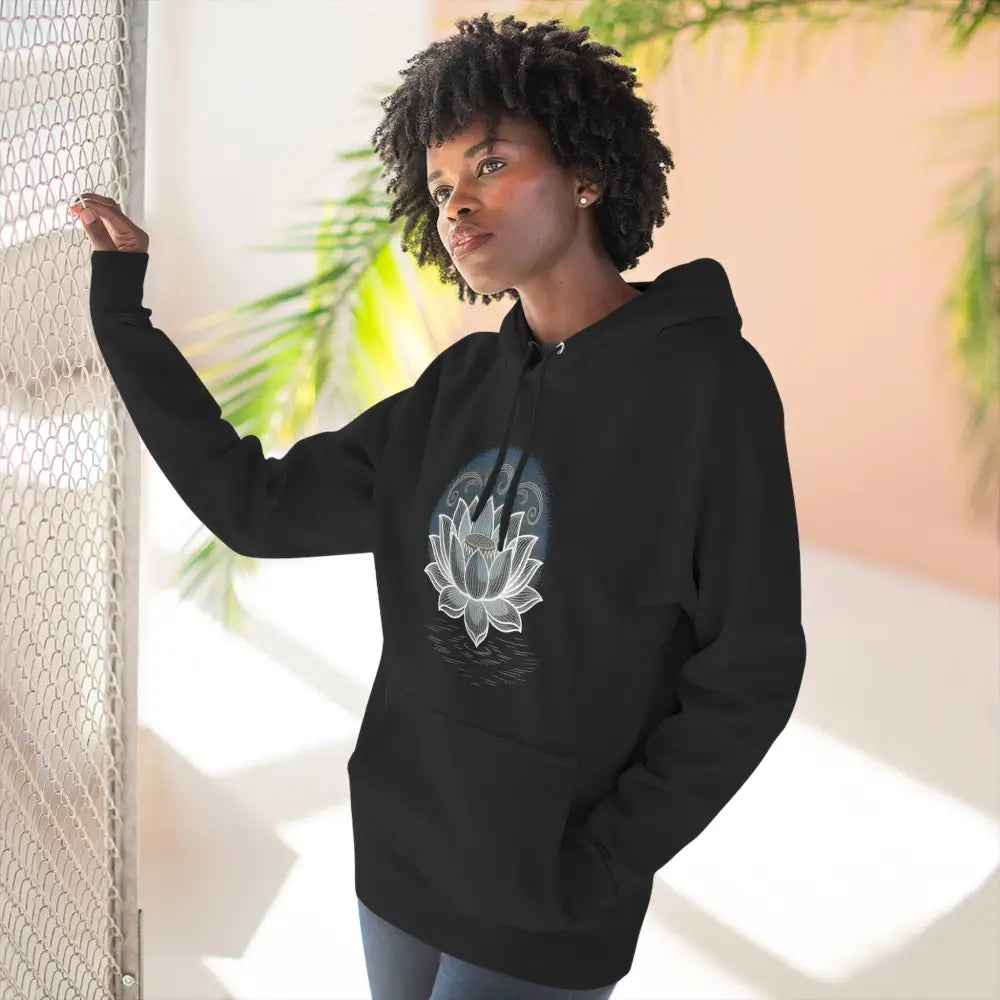 Black hoodie with white lotus flower design, three-panel fleece, spacious kangaroo pocket