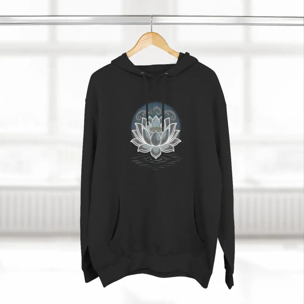 Black hoodie with white lotus flower design featuring three-panel fleece, spacious kangaroo pocket, and twill tape neck