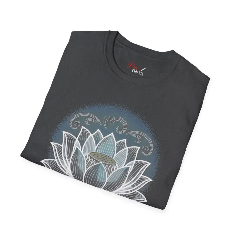 Folded dark gray unisex softstyle t-shirt with blue and white lotus flower design for mindfulness