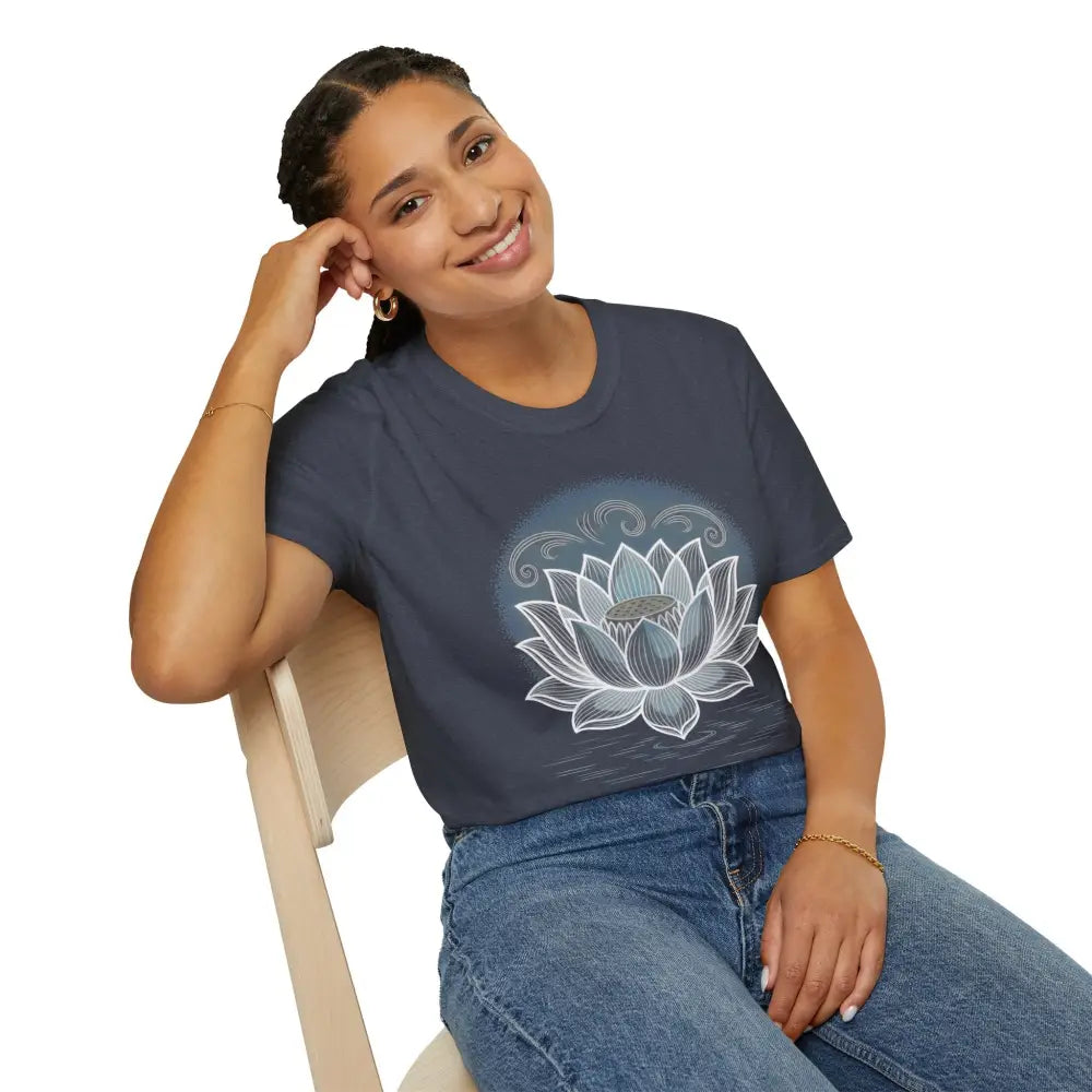 Woman in dark blue unisex softstyle t-shirt and jeans, perfect for reducing fabric waste and enhancing aesthetic appeal