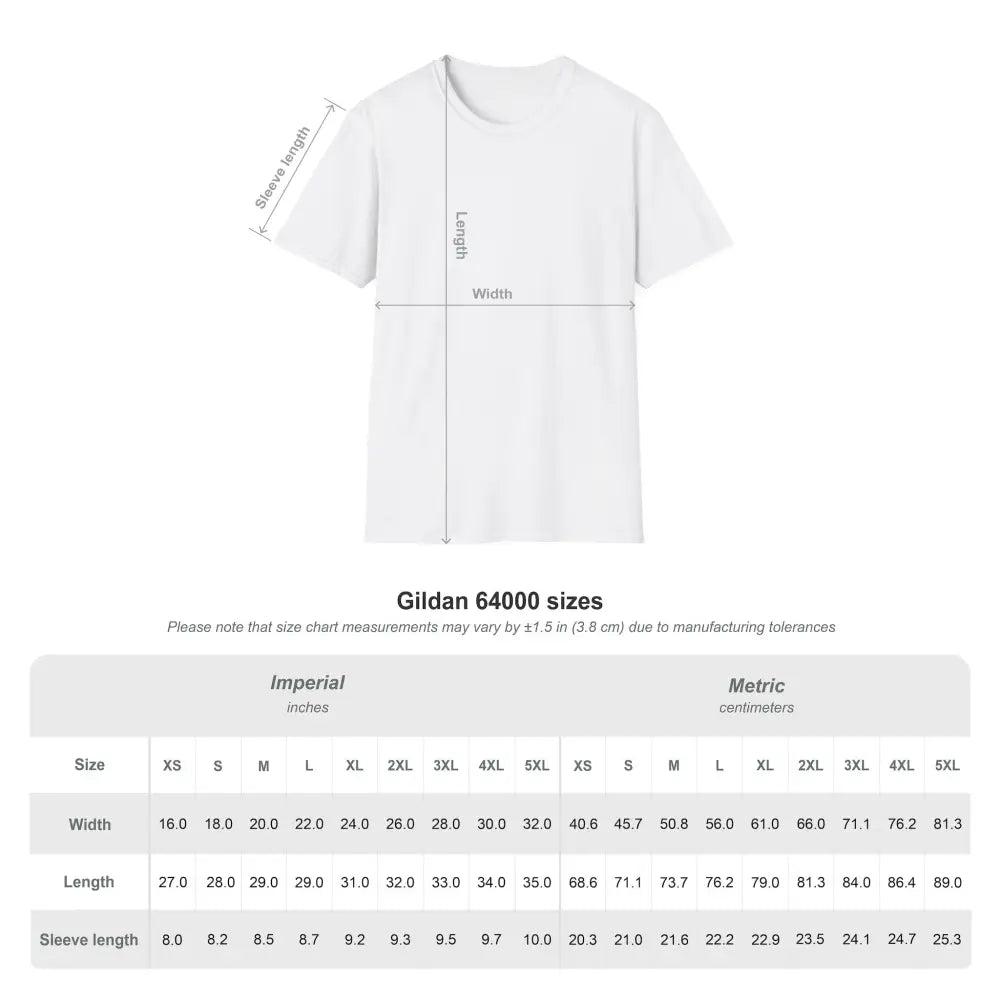 White Gildan 64000 unisex softstyle t-shirt with size chart for reducing fabric waste