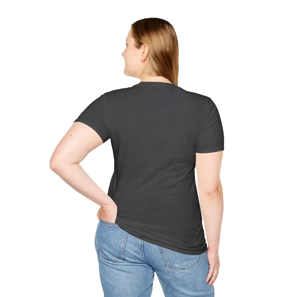 Woman’s dark gray unisex softstyle t-shirt featuring Lotus Blossom design, reducing fabric waste