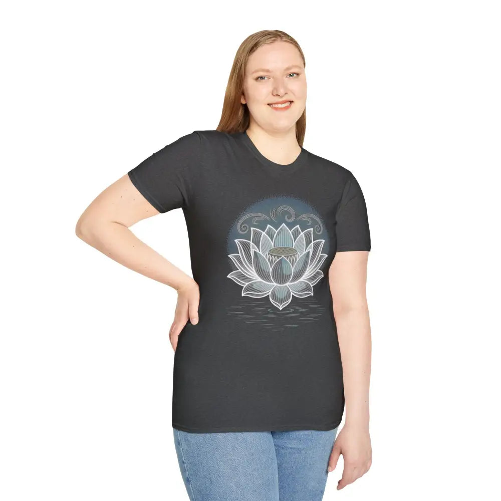Dark grey unisex softstyle t-shirt with white lotus flower design, enhancing aesthetic appeal