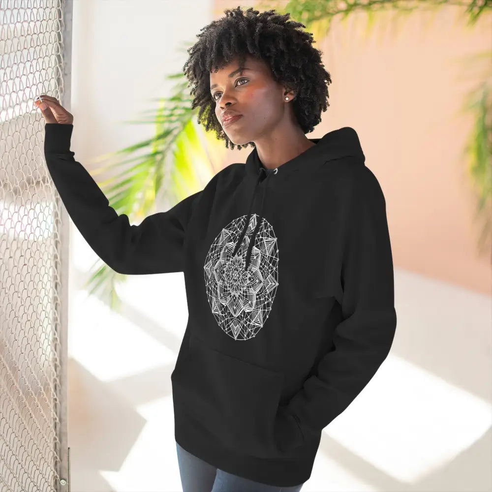 Black hooded fleece hoodie with white mandala design, adjustable hood, cozy fleece material