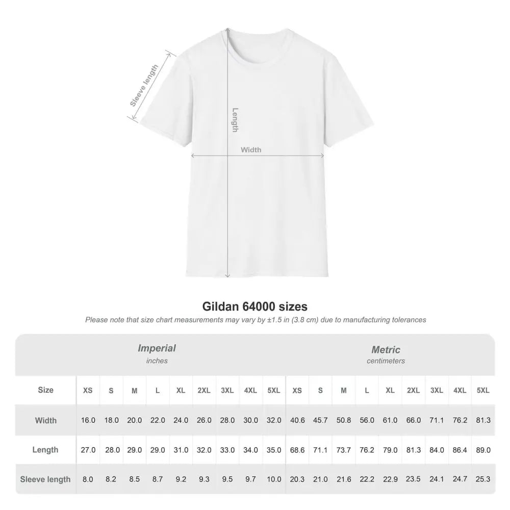 Gildan 64000 t-shirt size chart with imperial and metric measurements for stylish unisex T-shirt