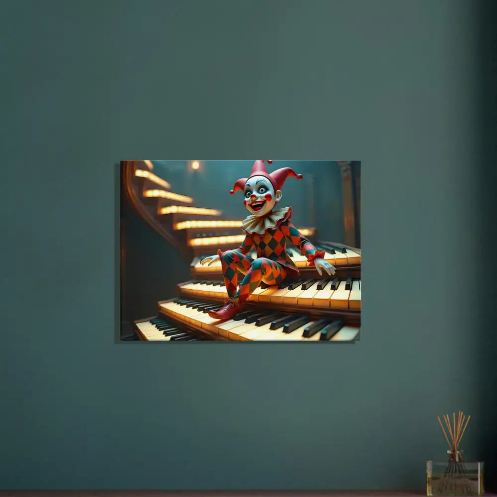 Jester sitting on piano keys artwork from Marionette Canvas The Puppets Prelude PixiOnyx Wall Art