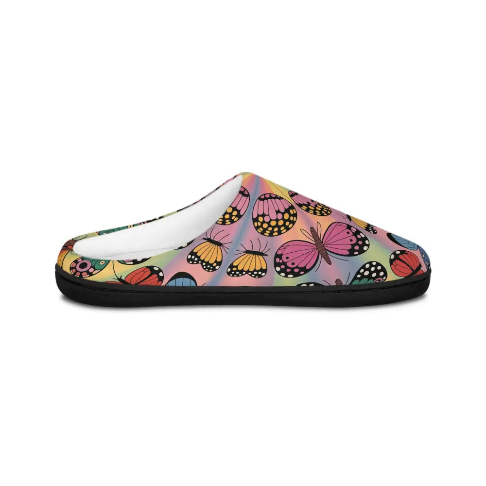 Kaleidoscope Flight indoor slippers with vivid butterfly symmetries and colorful patterns
