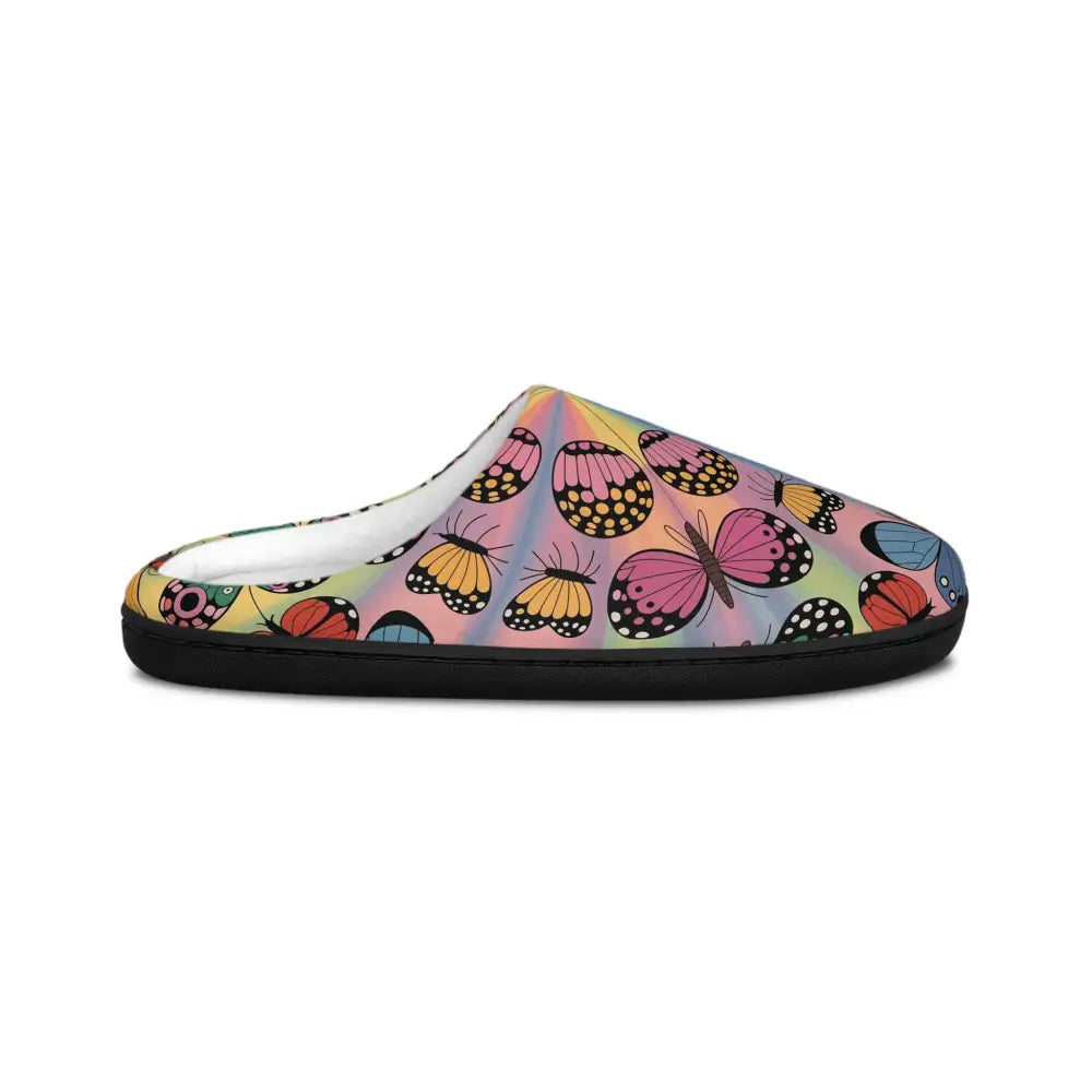 Vivid butterfly symmetries on Kaleidoscope Flight indoor slippers with black sole