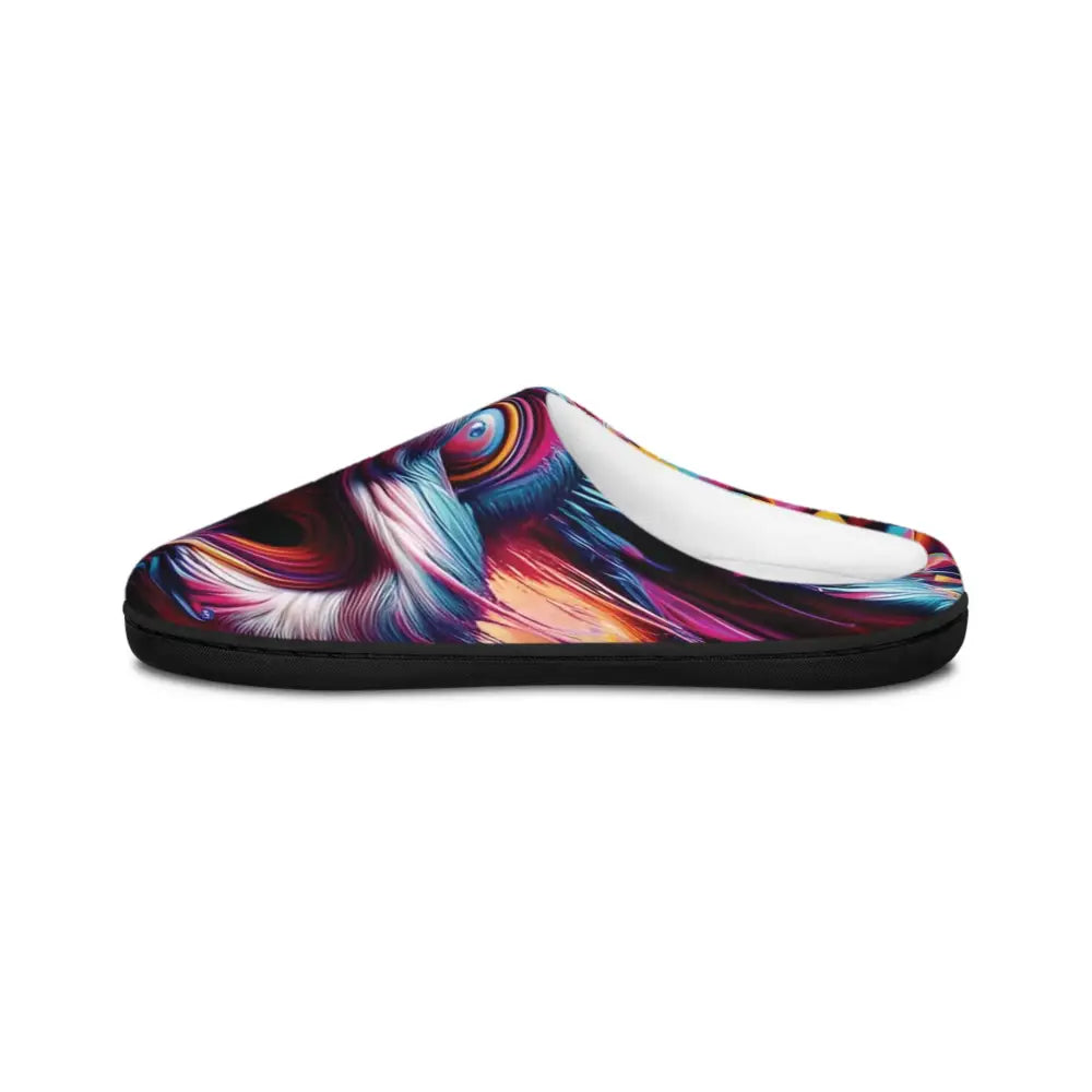 Colorful owl-themed slipper from Men’s Indoor Slippers Pixel Panic by PixiOnyx Housebound Havoc