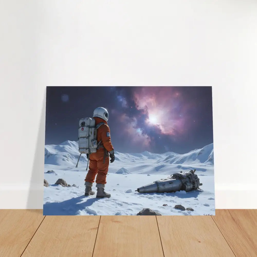 Metal Print Crashed Astronaut Silent Descent by PixiOnyx featuring an astronaut on snowy alien terrain