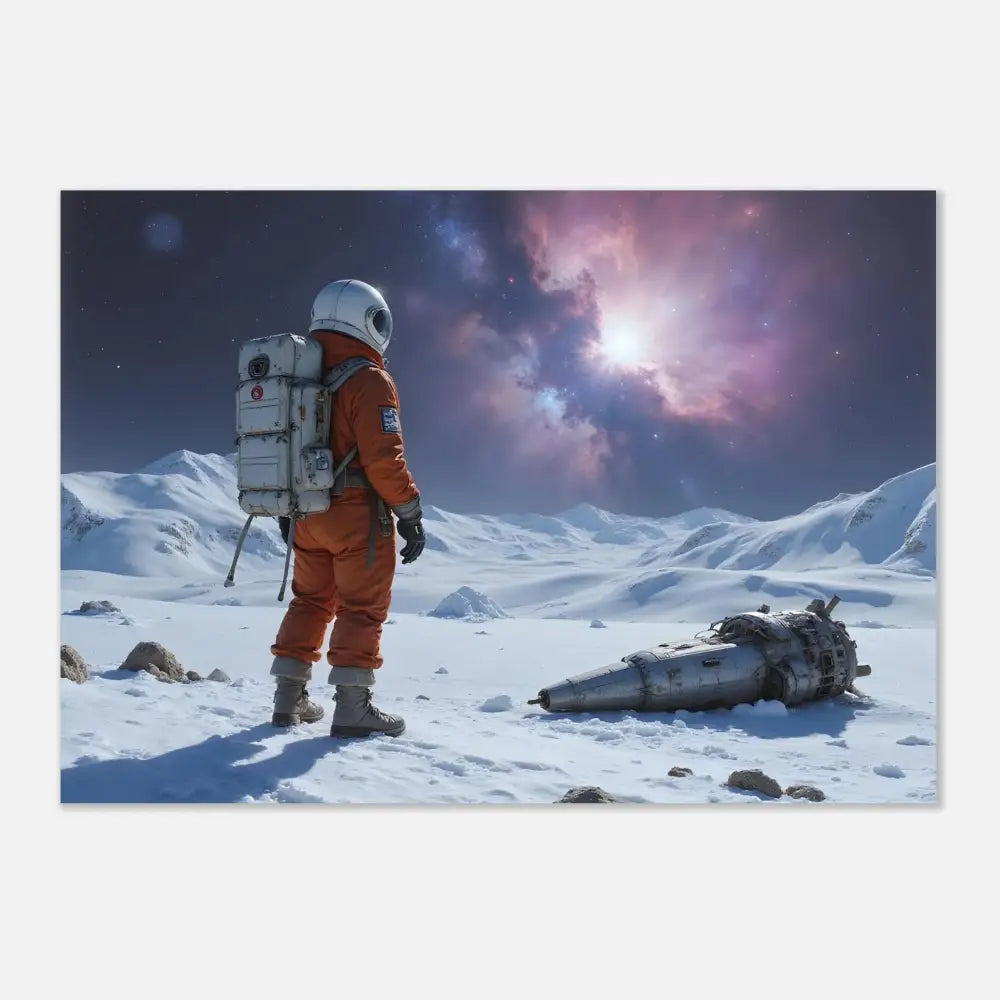 Metal Print Crashed Astronaut Silent Descent by PixiOnyx featuring an astronaut in orange suit and crashed spacecraft