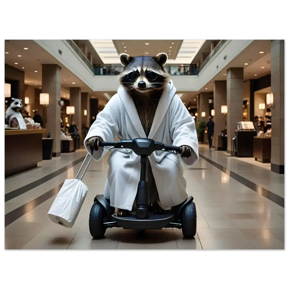 Raccoon in bathrobe riding scooter for PixiOnyx Urban Animal Print poster