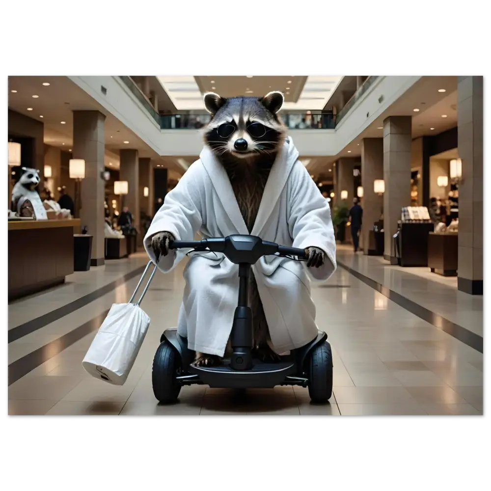 Raccoon in bathrobe riding scooter on PixiOnyx Metal Panel Print for Mobility Mogul