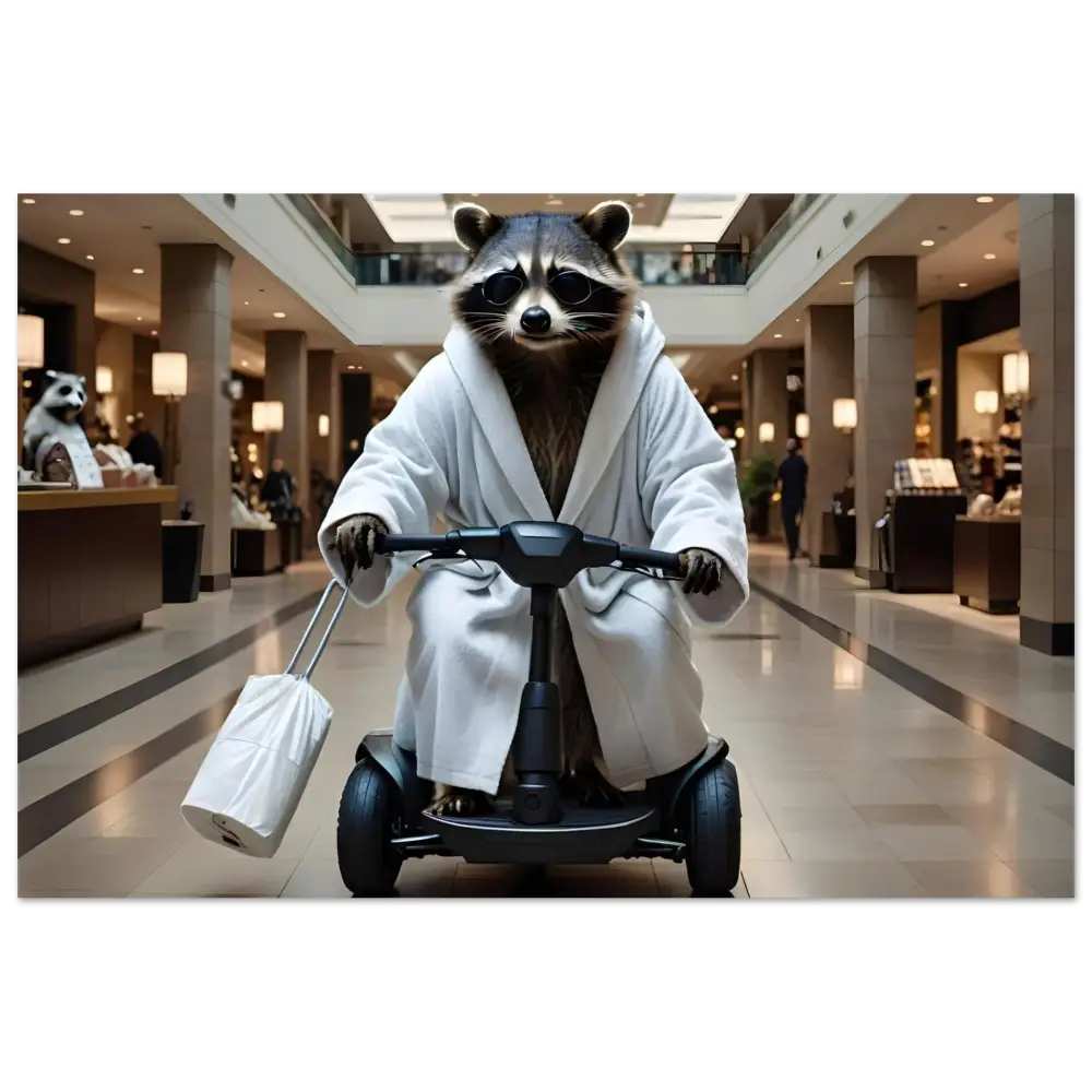 Raccoon in bathrobe riding scooter on PixiOnyx Metal Panel Print for Mobility Mogul