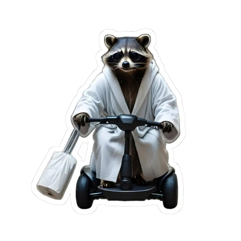 Raccoon in bathrobe riding scooter with toilet paper, Moblity Mogul Sticker PixiOnyx decal