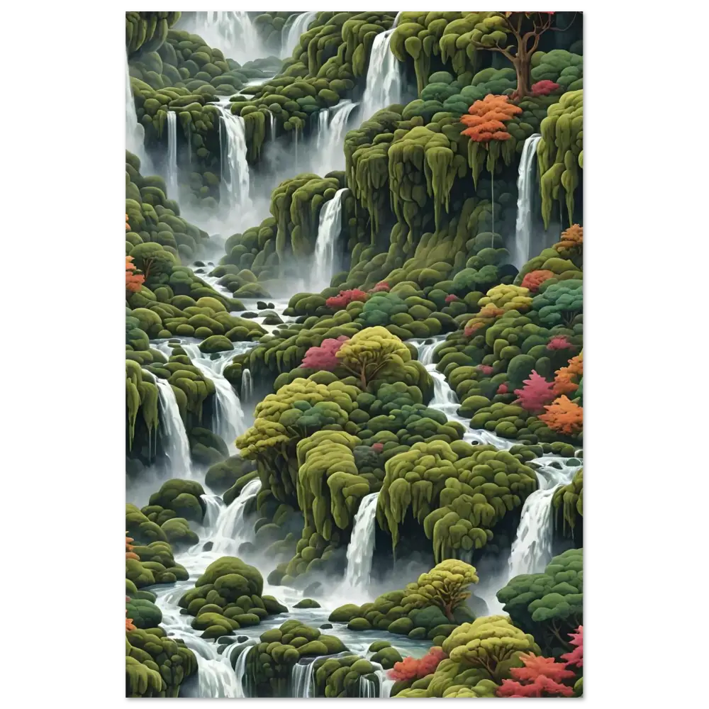 Moss Cascade Aluminum Print featuring cascading waterfalls through lush greenery