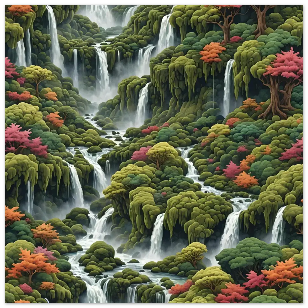 Lush cascading waterfalls amid vibrant foliage on Moss Cascade Aluminum Print by PixiOnyx