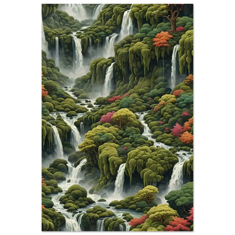 Lush cascading waterfalls amid vibrant foliage on Moss Cascade Wood Print by PixiOnyx