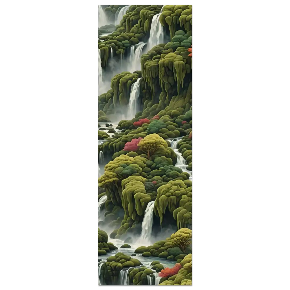 Lush mossy waterfall landscape printed on Moss Cascade Wood Print by PixiOnyx