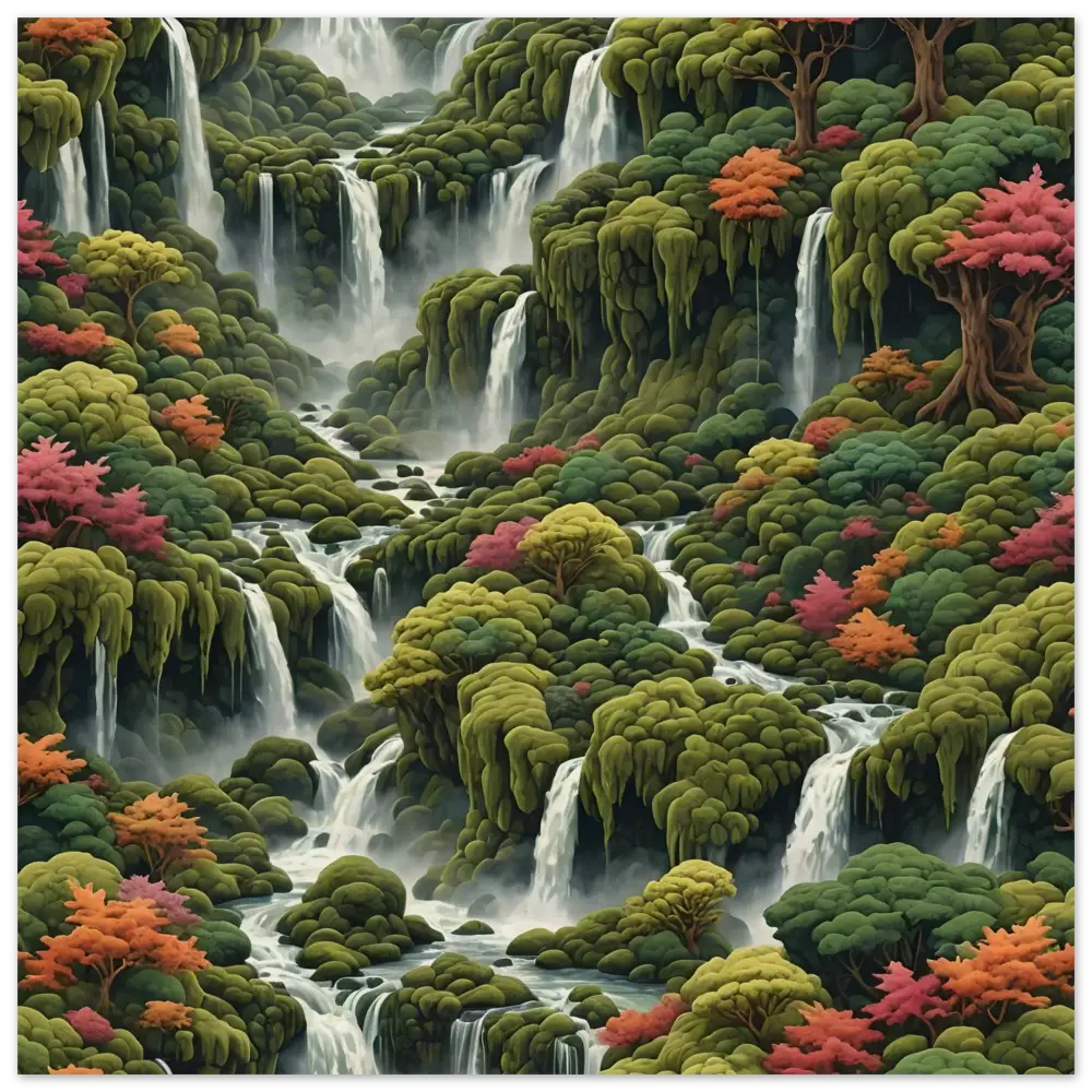 Moss Cascade Wood Print by PixiOnyx showcasing lush waterfalls and vibrant foliage