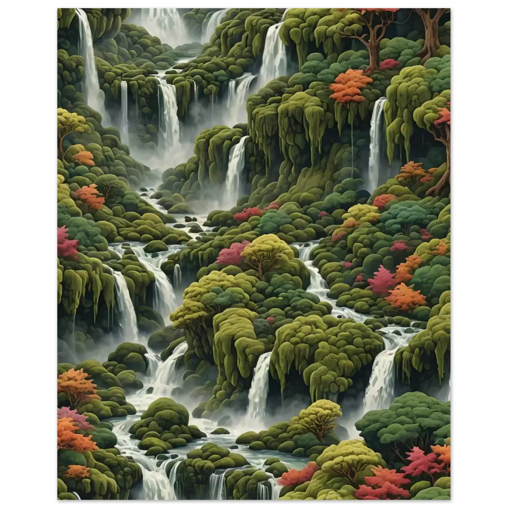 Lush cascading waterfalls displayed on Moss Cascade Wood Print by PixiOnyx