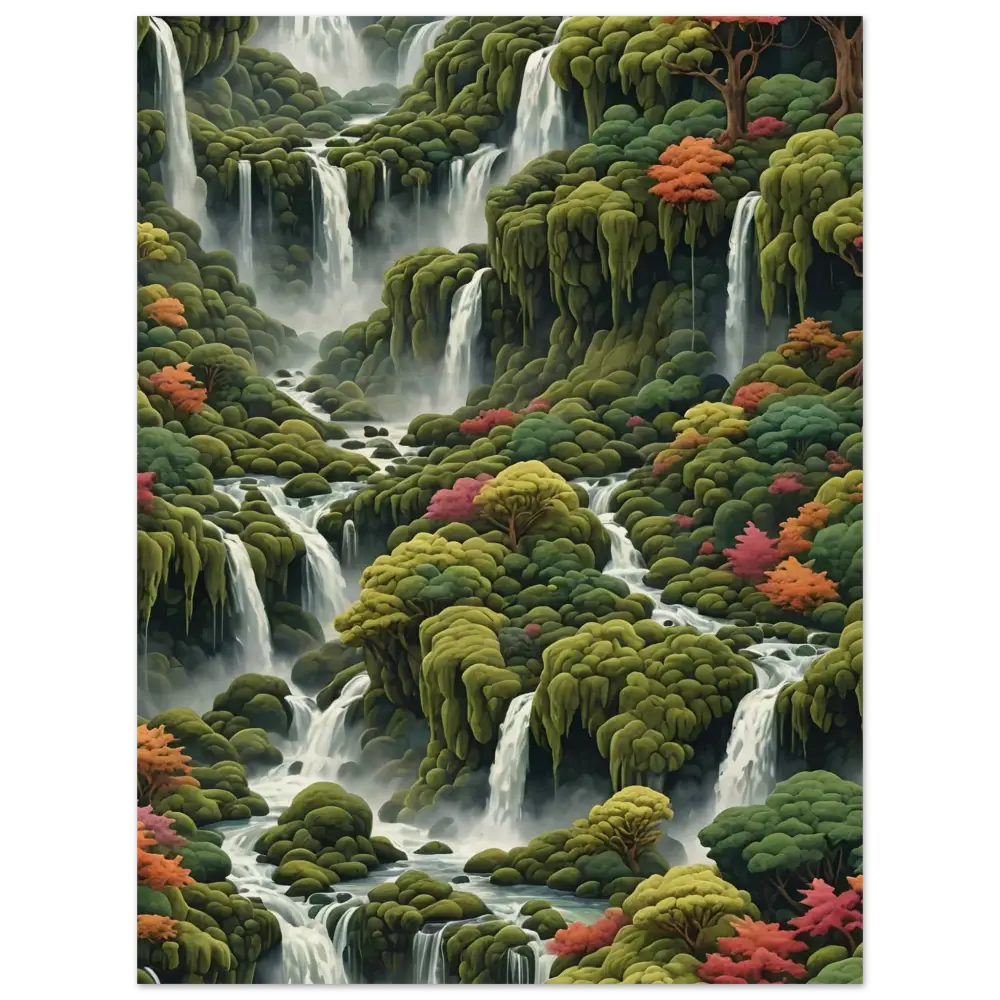Moss Cascade Wood Print featuring lush waterfalls and vibrant foliage by PixiOnyx