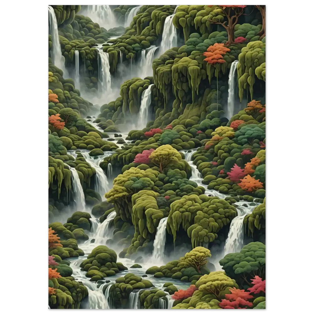 Lush cascading waterfalls with verdant foliage displayed on Moss Cascade Wood Print PixiOnyx