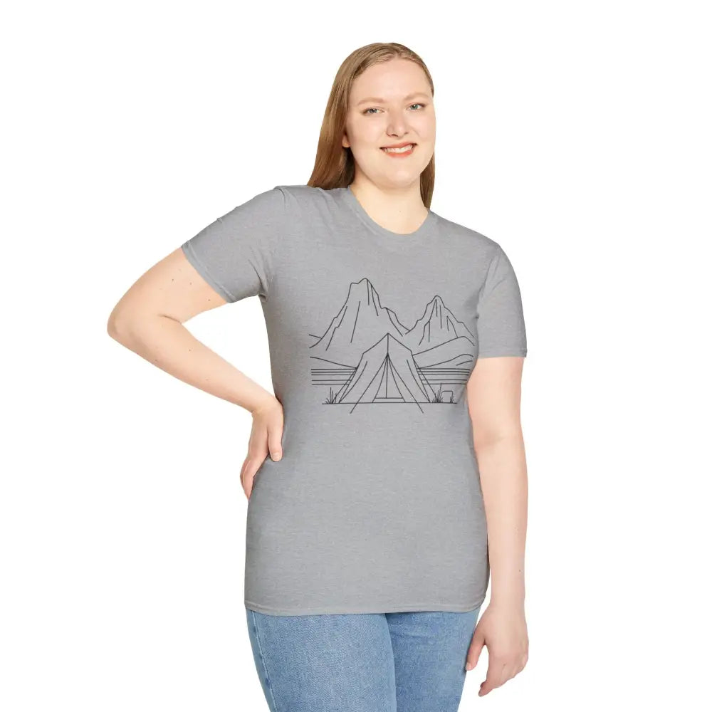 Stylish unisex t-shirt in ring-spun cotton with mountain and tent graphic for outdoor lovers