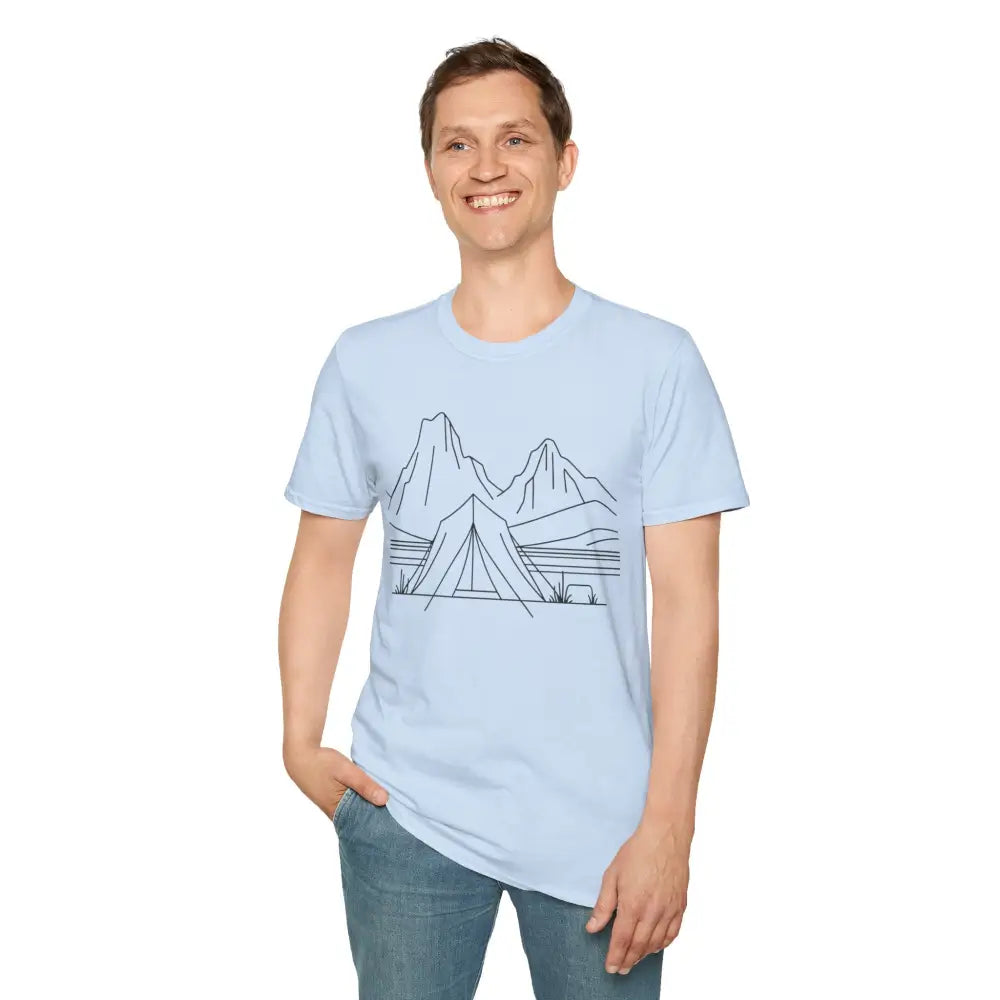 Light blue stylish unisex t-shirt with mountain camping scene, ring-spun cotton, reduced waste