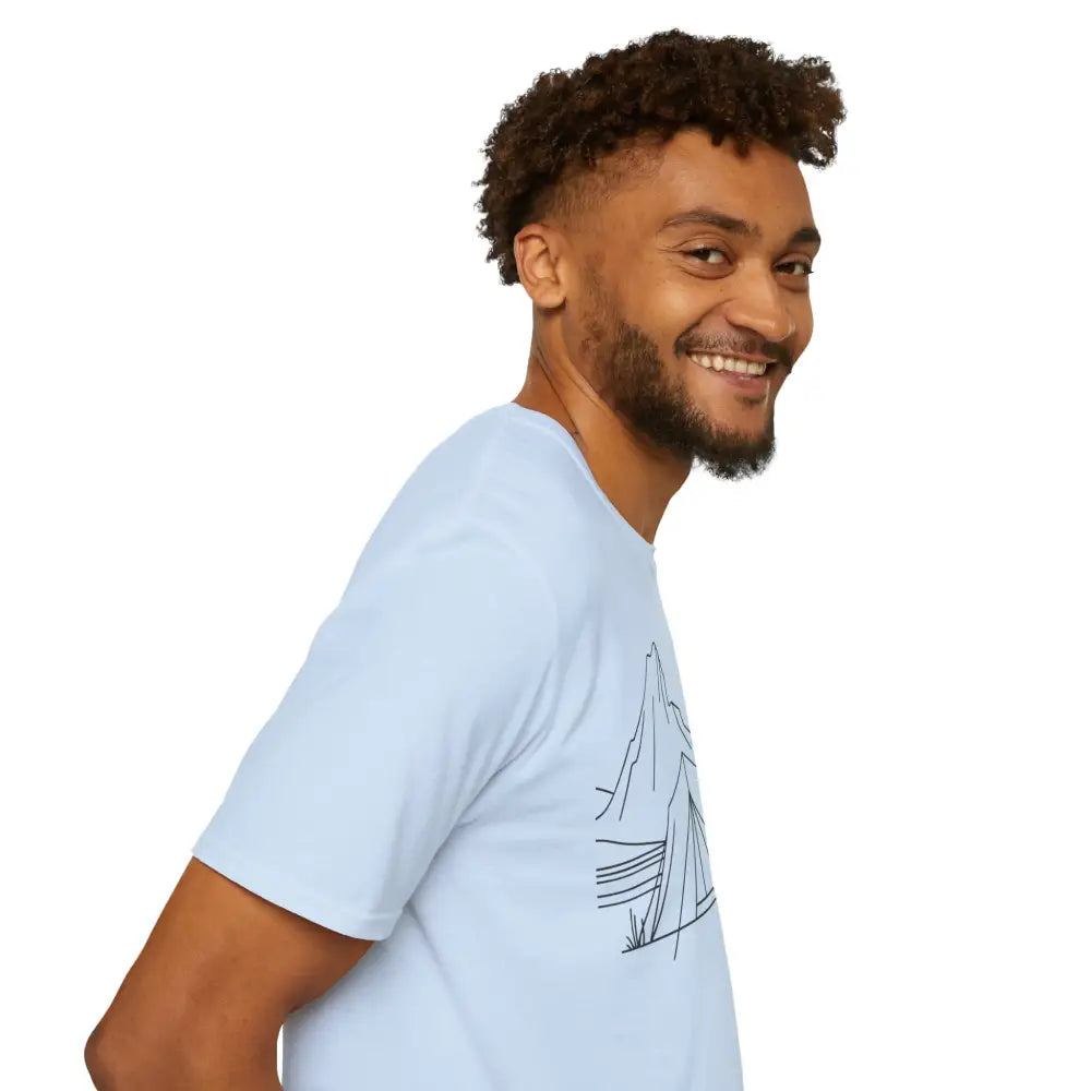 Light blue stylish unisex t-shirt with mountain graphic made of ring-spun cotton and reduced fabric waste
