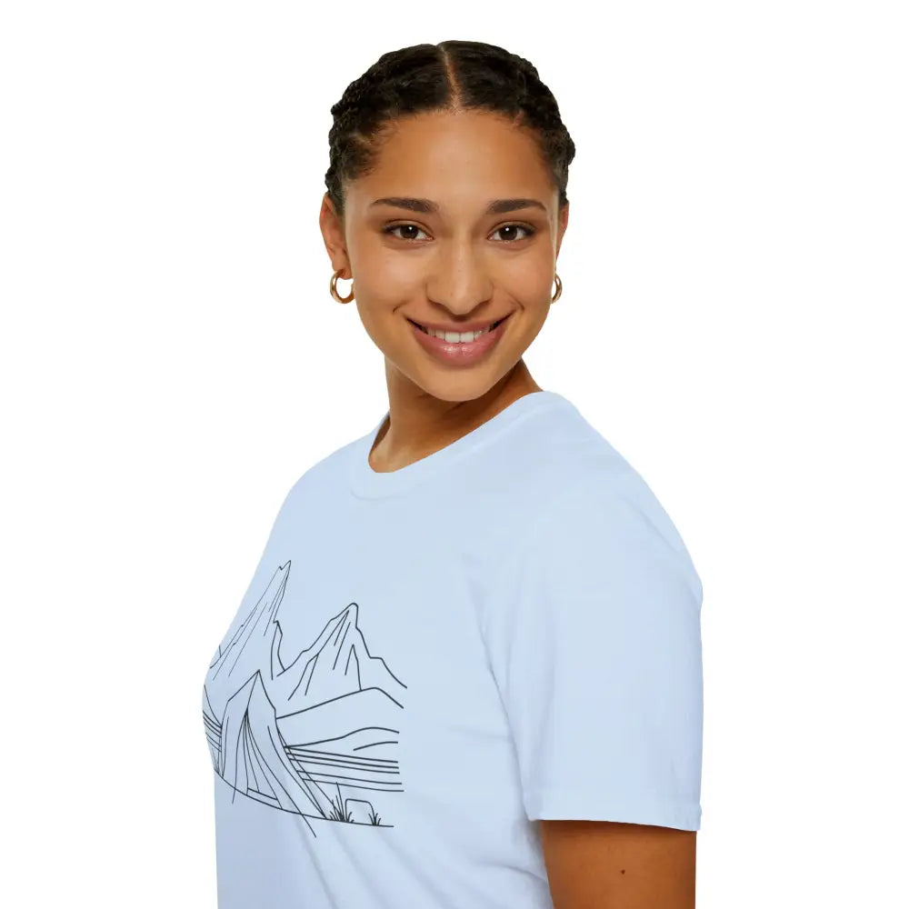 Stylish unisex t-shirt with mountain range line drawing in light blue, ring-spun cotton