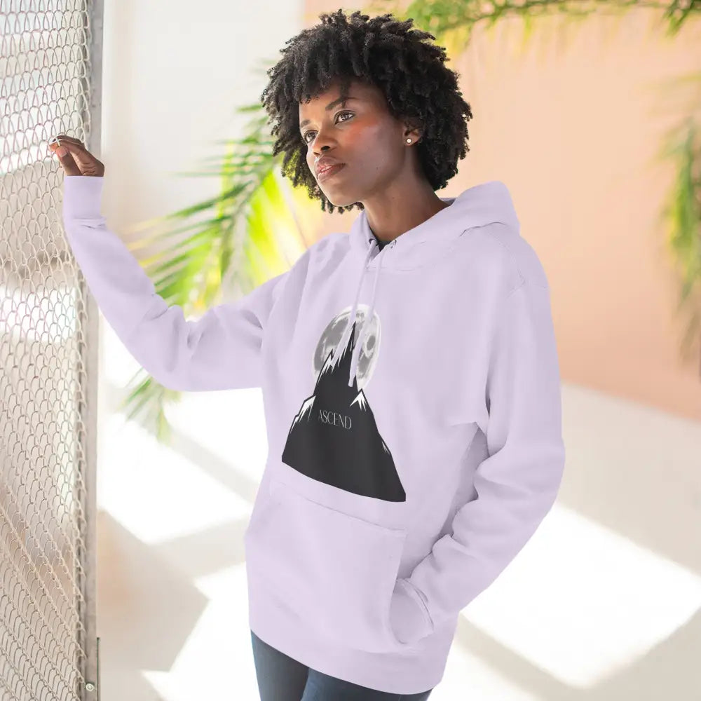 Light purple Mountain Scene Fleece Unisex Hoodie Ascend with black mountain and moon graphic