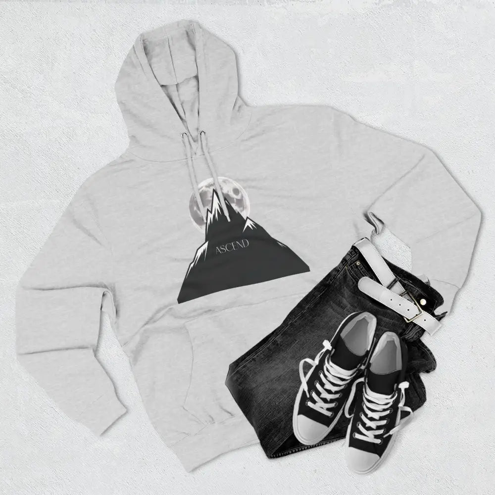 Light grey Mountain Scene Fleece unisex hoodie with moon, mountain design and kangaroo pocket