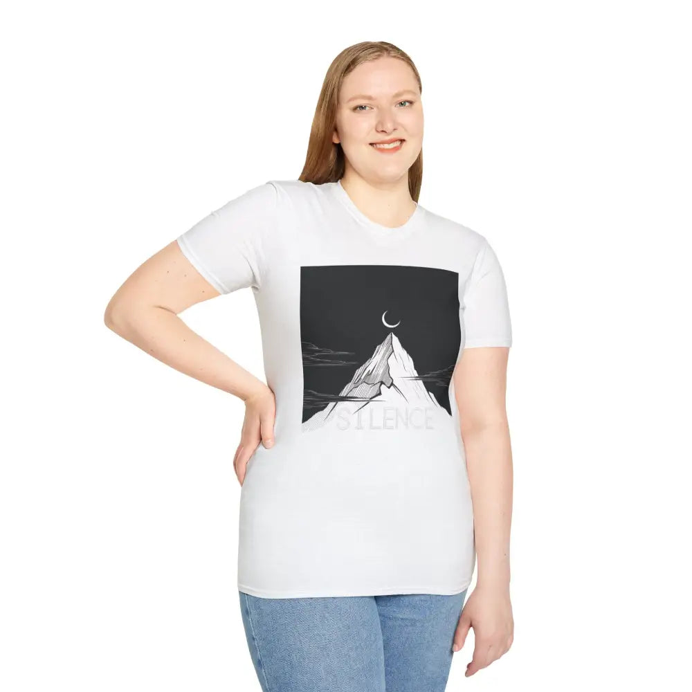 Woman wearing a white unisex softstyle mountain and moon graphic T-shirt, ideal for outdoor lovers