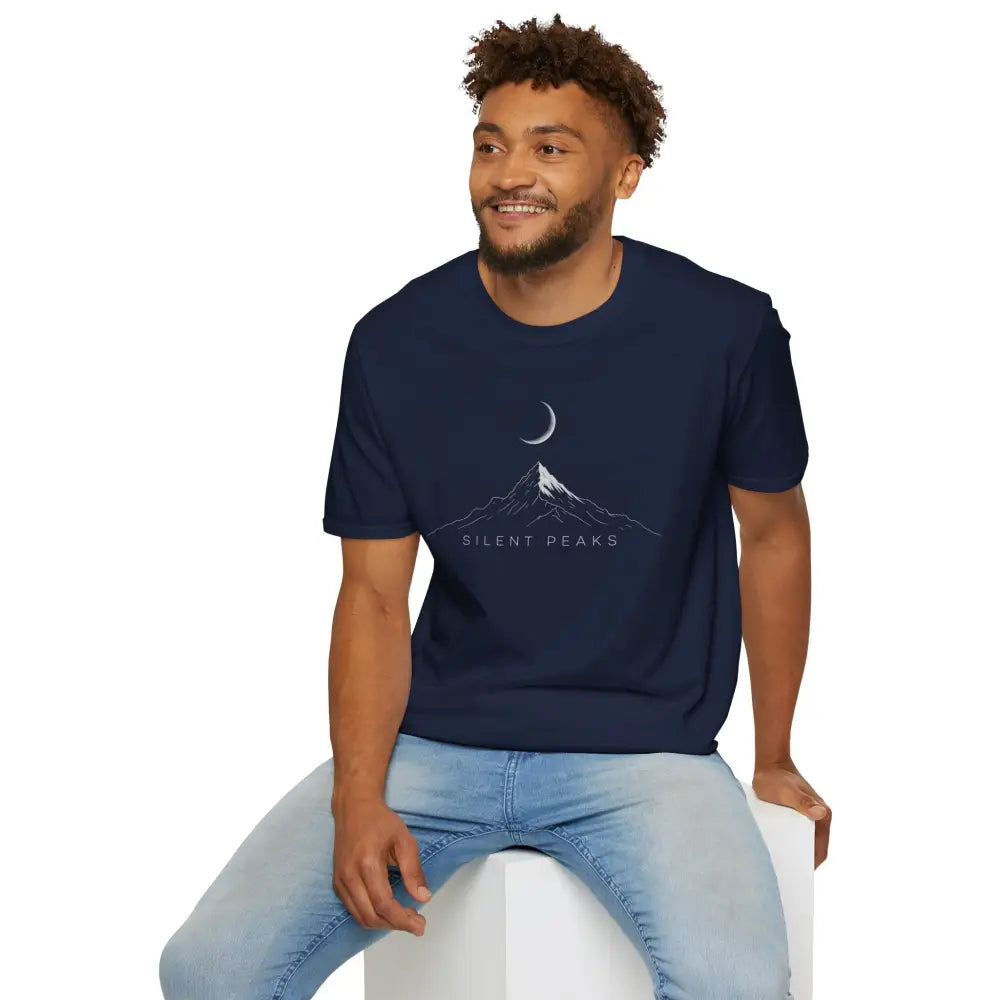 Men’s navy blue softstyle t-shirt with mountain and moon graphic, ribbed knit collar