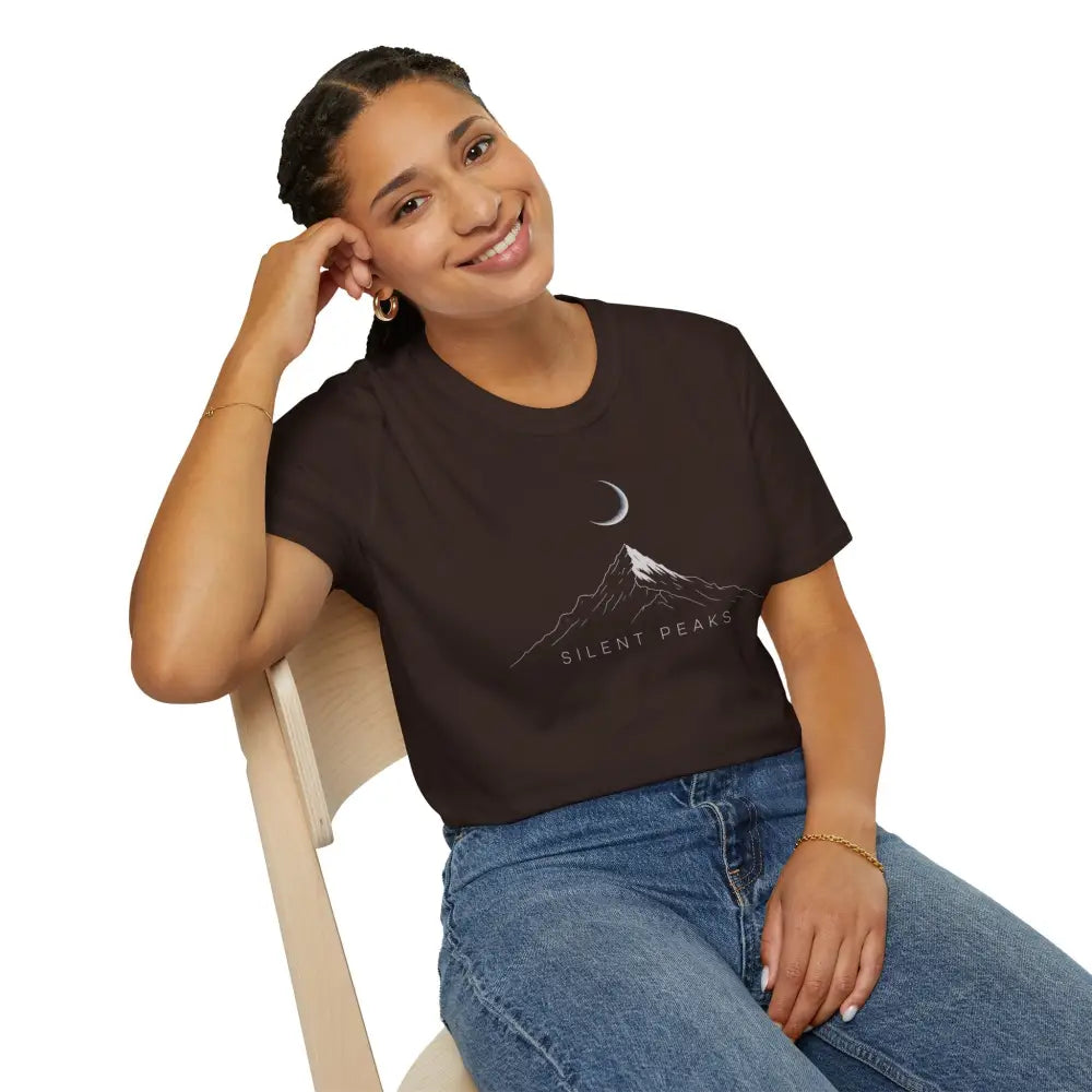 Dark brown softstyle t-shirt designed with mountain and crescent moon graphic, ribbed knit collar