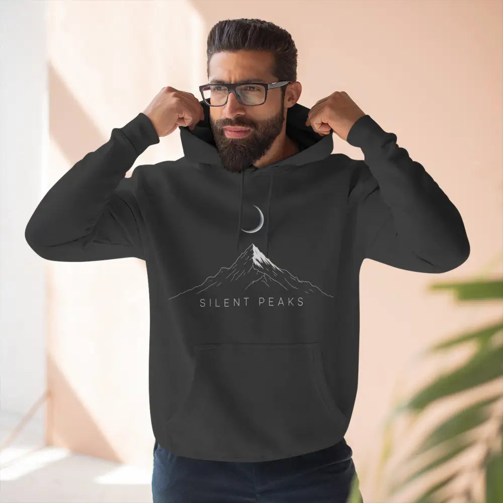 Black hoodie with white mountain and crescent moon graphic, machine wash max 30c, cozy outdoor wear