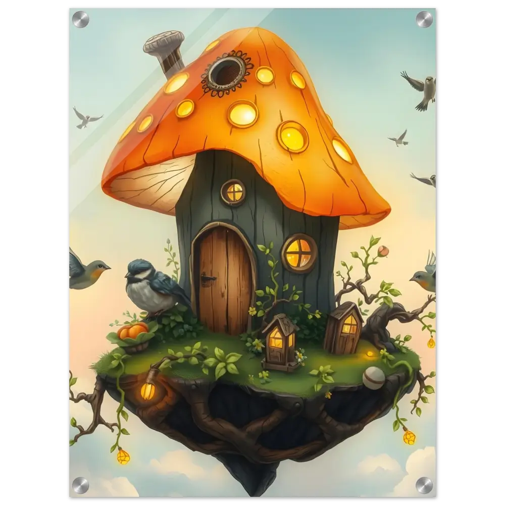 Whimsical mushroom house on a floating island for Mushroom Skyhouse Acrylic Print by PixiOnyx