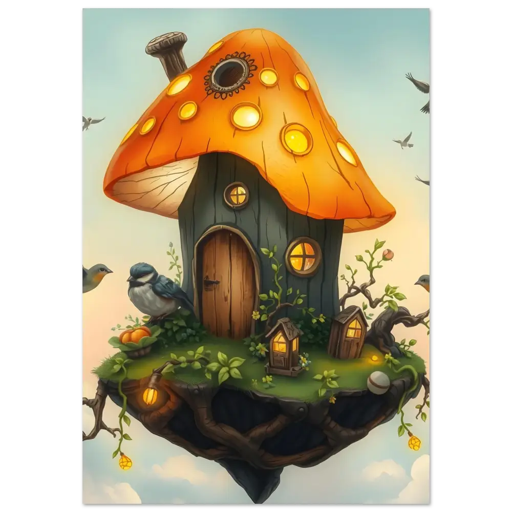Whimsical mushroom house on a floating island displayed on Mushroom Skyhouse Aluminum Print