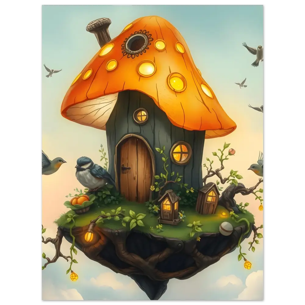 Whimsical mushroom house on floating island Aluminum Print Mushroom Skyhouse PixiOnyx Gloss