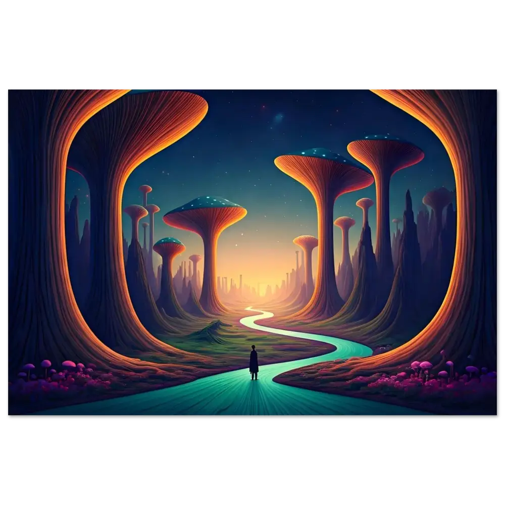 Surreal landscape with mushroom-like trees on Mushroom Valley Mindwalk Aluminum Print