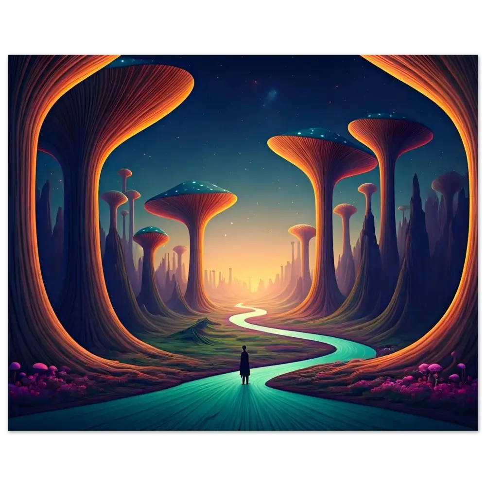 Surreal mushroom landscape framed poster from Mushroom Valley Mindwalk Psychedelic Decor