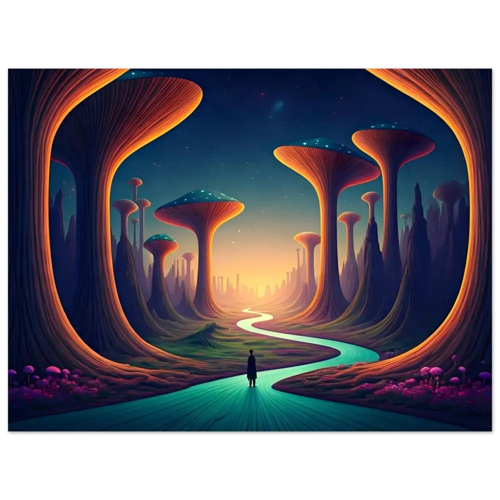 Surreal mushroom landscape with winding river, featured on Mushroom Valley Mindwalk Poster
