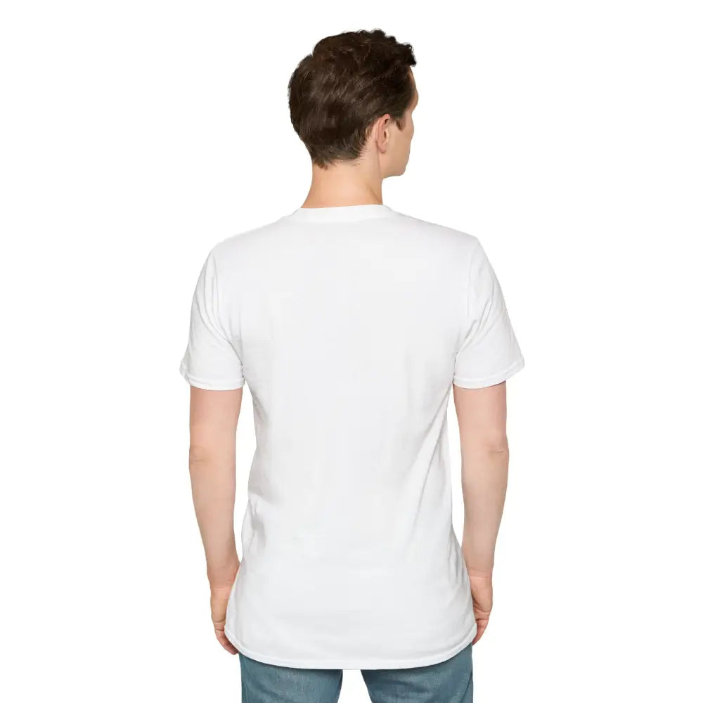 White unisex softstyle t-shirt on male model made from ethically sourced material