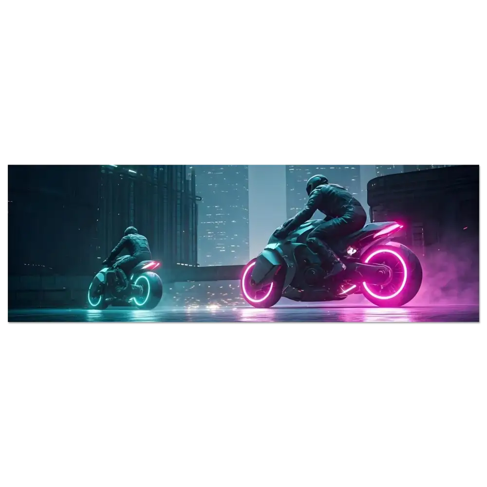 Futuristic neon motorcycles showcased in Neon Velocity Cyberpunk Showdown Aluminum Metal Art